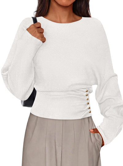 PRETTYGARDEN Batwing Sleeve Sweaters For Women Pullover Fall Clothes						 					  Cozy Ribbed Knit, Single Side Button,  Cinched Waist, Business Casual Work Outfits , 2026 Trendy Fall Winter Fashion Clothing