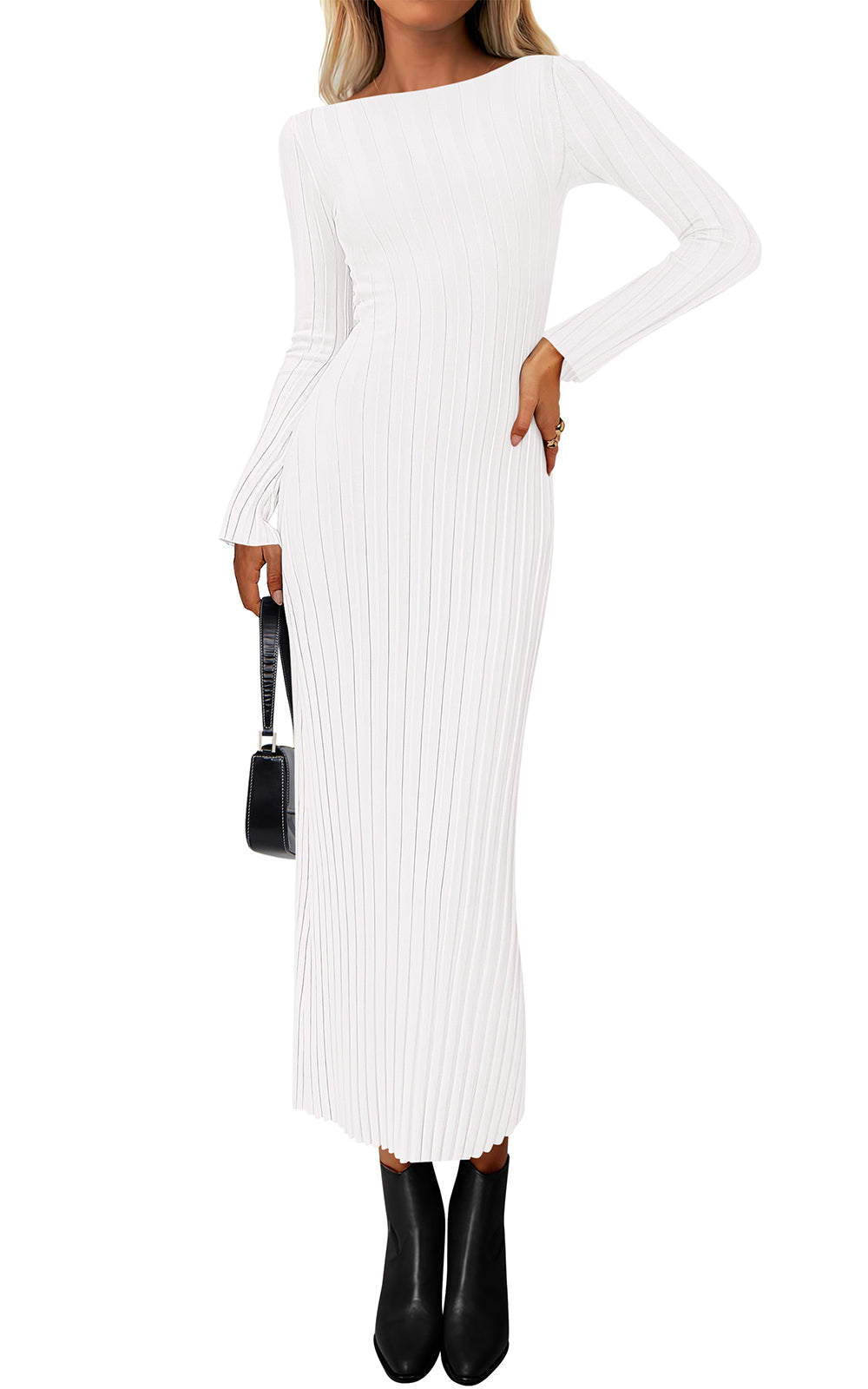 PRETTYGARDEN Womens Sweater Dress Fall 2026 Casual Boat Neck Long Sleeve Pullover Ribbed Knit Bodycon Maxi Sweater Dresses