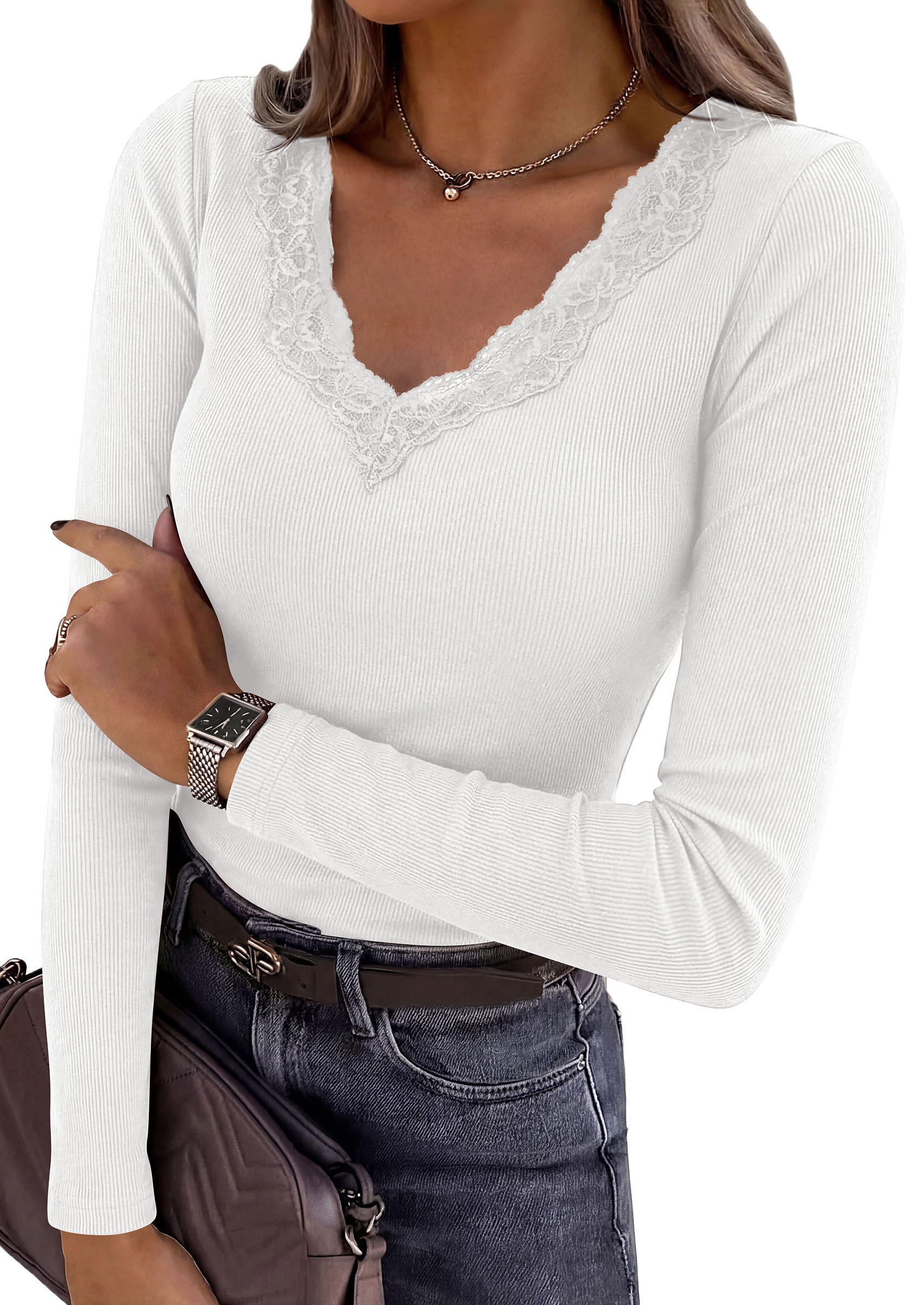PRETTYGARDEN Women's Long Sleeve Shirts Lace Trim V Neck Ribbed Slim Fitted Basic Tees Y2K Going Out Tops 2026 Fall Clothes