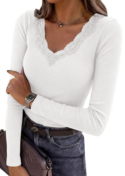 PRETTYGARDEN Women's Long Sleeve Shirts Lace Trim V Neck Ribbed Slim Fitted Basic Tees Y2K Going Out Tops 2026 Fall Clothes