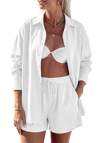 PRETTYGARDEN Women's Summer 2 Piece Matching Lounge Sets Pajamas Long Sleeve Shirts Blouse Pockets Shorts 2026 Spring Outfits