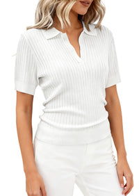 PRETTYGARDEN Women's Short Sleeve Sweater 2026 Spring Polo Shirts Ribbed Knit V Neck Business Casual Tops Summer Work Clothes PRETTYGARDEN