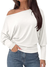 PRETTYGARDEN Womens Off Shoulder Batwing Long Sleeve Shirts | Asymmetrical Off The Shoulder Cinched Waist, Soft Dressy Casual Blouse, Going Out Tops, Transitional Fall & Spring Wear