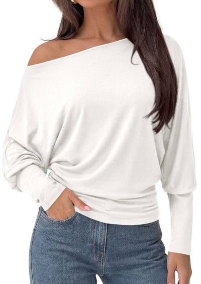 PRETTYGARDEN Womens Off Shoulder Batwing Long Sleeve Shirts | Asymmetrical Off The Shoulder Cinched Waist, Soft Dressy Casual Blouse, Going Out Tops, Transitional Fall & Spring Wear