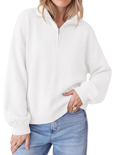 PRETTYGARDEN Women's Quarter Zip Pullover Oversized Sweaters | Collared Neck, Long Balloon Sleeve, Jumper Tops, Soft Cozy Knit, Ribbed Hem, Loose Fit, Fall Outfits, Winter Fashion Clothing