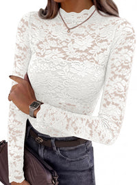 PRETTYGARDEN Womens Lace Long Sleeve Top Mesh Sheer Blouses Mock Neck See Through Slim Fitted Tops 2026 Fall Fashion Clothes