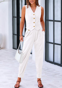 PRETTYGARDEN Two Piece V Neck Button Front Cropped Tank Tops Vest Pockets Pants Cotton Sets