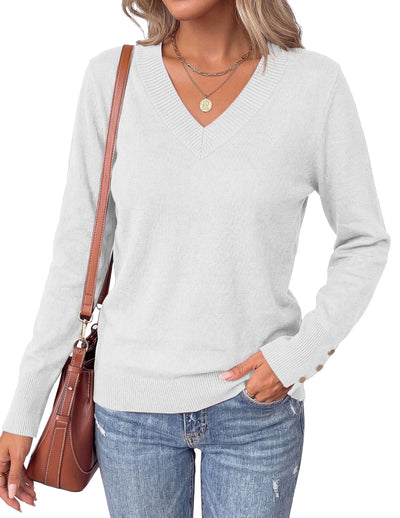 PRETTYGARDEN Fall Sweaters for Women V Neck Lightweight Pullover  Soft Knit Sweater Tops,Long Sleeve,Slit Cuffs with Decorative Button,Work Business Casual Outfits,Layering Winter Clothes