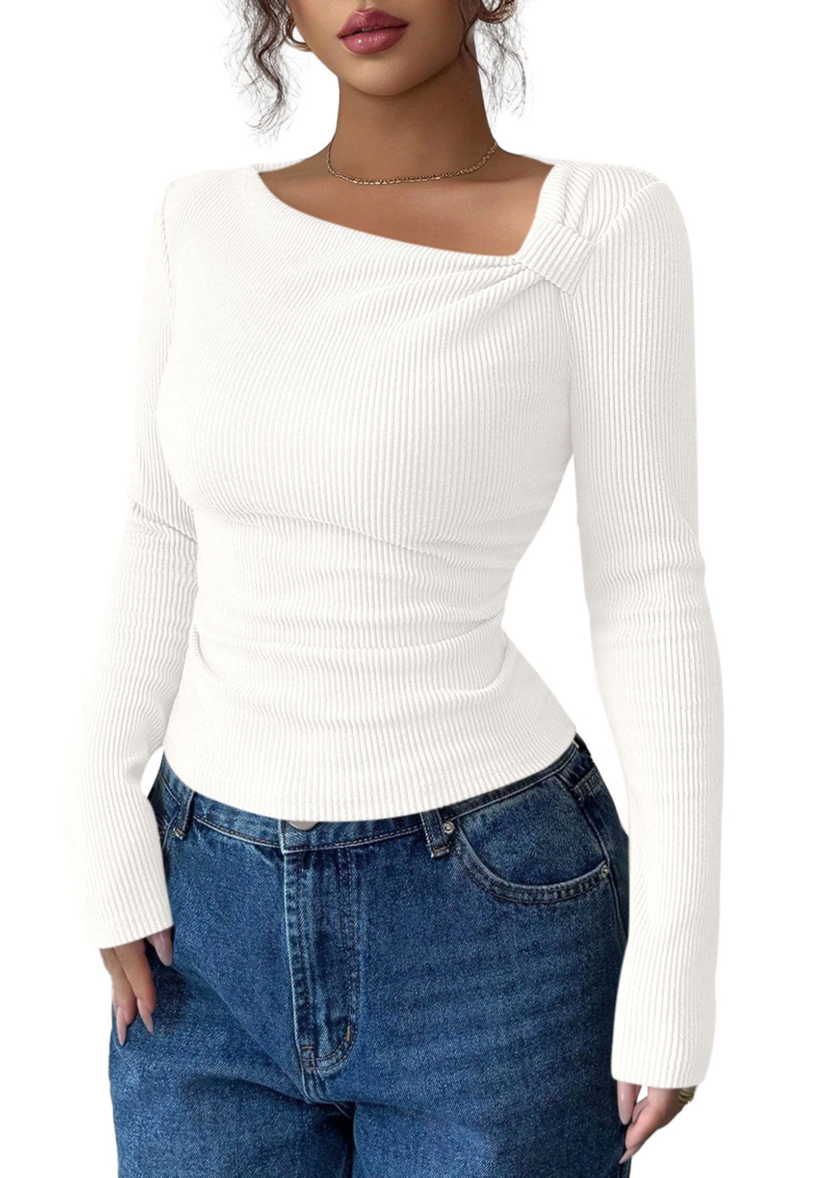 PRETTYGARDEN Womens 2026 Early Fall Fashion Long Sleeve T Shirts Asymmetrical Ribbed Fitted Trendy Going Out Tops Y2K Outfits