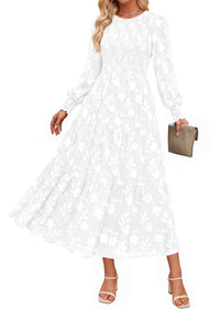 PRETTYGARDEN Fall Floral Long Sleeve Wedding Guest Dress for Women Pockets | Casual Textured Jacquard Smocked High Waist A-line Boho Flowy Midi Dress, Semi Formal Cocktail Dresses for Women 2026