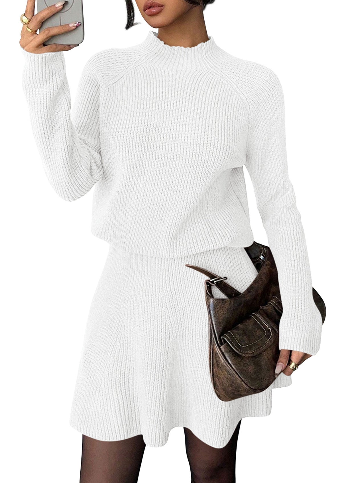 PRETTYGARDEN Women's Fall 2 Piece Outfits Matching Sweater Skirt Sets  Cozy Ribbed Knit, Raglan Long Sleeve, Crewneck Pullover, Elastic Waist A Line, Mini Short Skirts, Holiday Winter Clothing