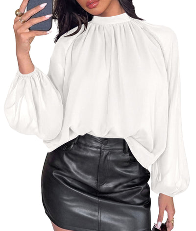 PRETTYGARDEN Womens Chiffon Blouses Dressy Casual Mock Neck Tops | Lightweight Fabric,Sheer Lantern Long Sleeve Shirts,Work Office Clothes,Daily Wear,Loose Flowy Going Out Fall Outfits