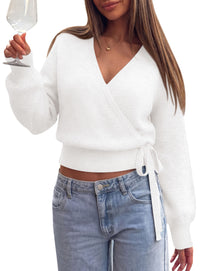 PRETTYGARDEN V Neck Wrap Sweaters for Women Fall Outifts Pullover | Long Sleeve Knit Tops,Cross V Neck with Hidden Snap,Tie Waist,Cozy Warm Winter Clothes for Work,Travel,Vacation,Going Out