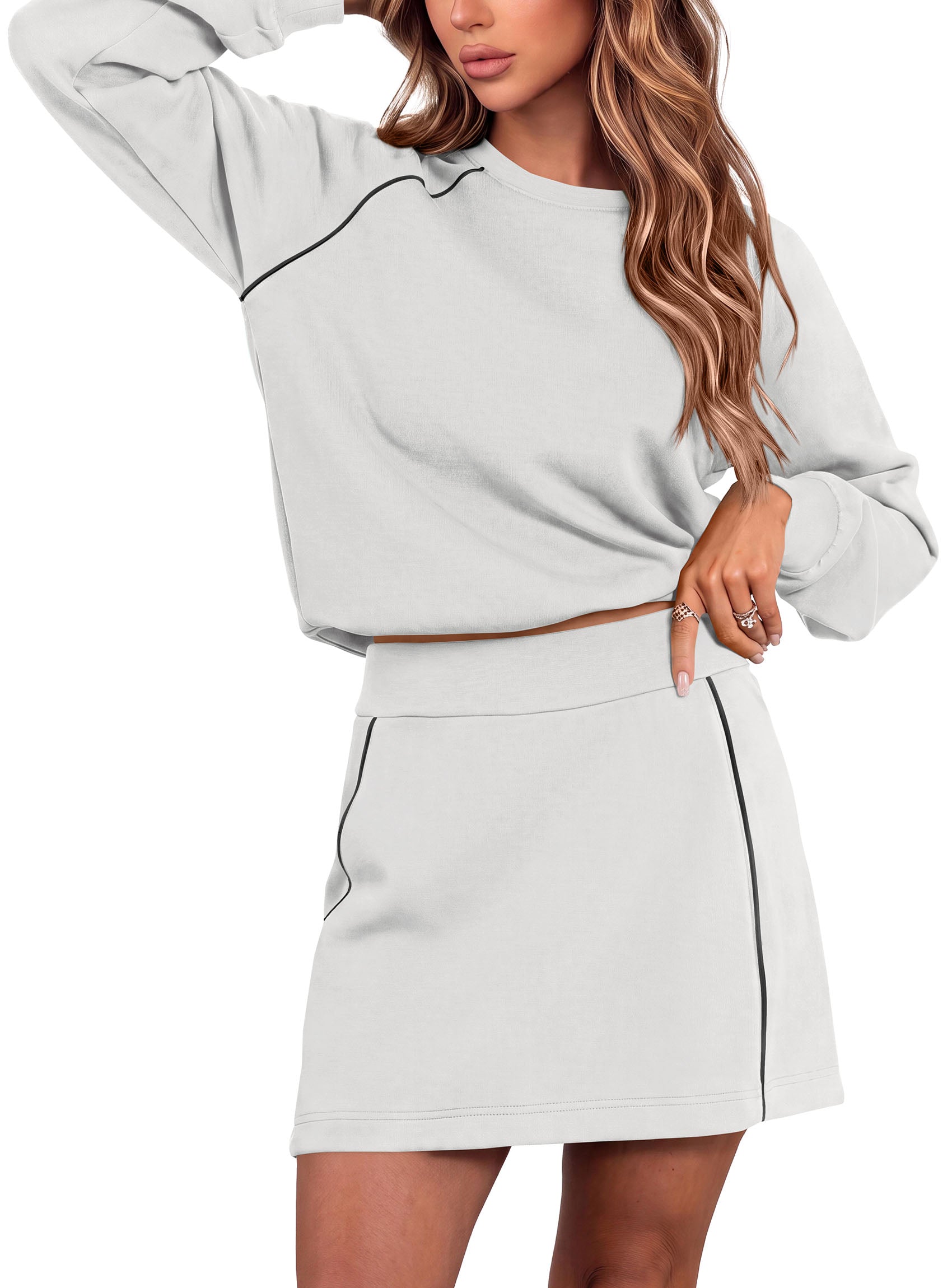 PRETTYGARDEN Women's Two Piece Outfits Matching Skirt Sets | Color Block Long Sleeve Top Sweatshirt, Mini Short Skirts, Elastic Waist Skorts Pocket, 2pc Workout Set, Fall Fashion Clothes