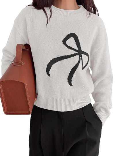 PRETTYGARDEN Womens Bow Sweater Cute Crewneck Long Sleeve Tops Fall Outfits  Soft Cozy Knit Pullover,Relaxed Fit,Holiday Sweaters,Daily Wear,Work Office,Casual Going Out Y2k Tops,Winter Fashion Clothing