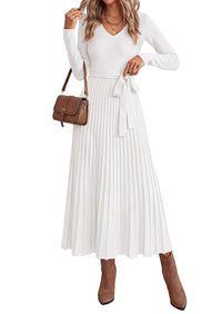 PRETTYGARDEN Womens Fall Maxi Long Sleeve Sweater Dress  Soft Stretchy Knit, V Neck A Line Dresses with Bow, Flowy Pleated Hem, Cocktail Party Outfits, Trendy Winter Clothes