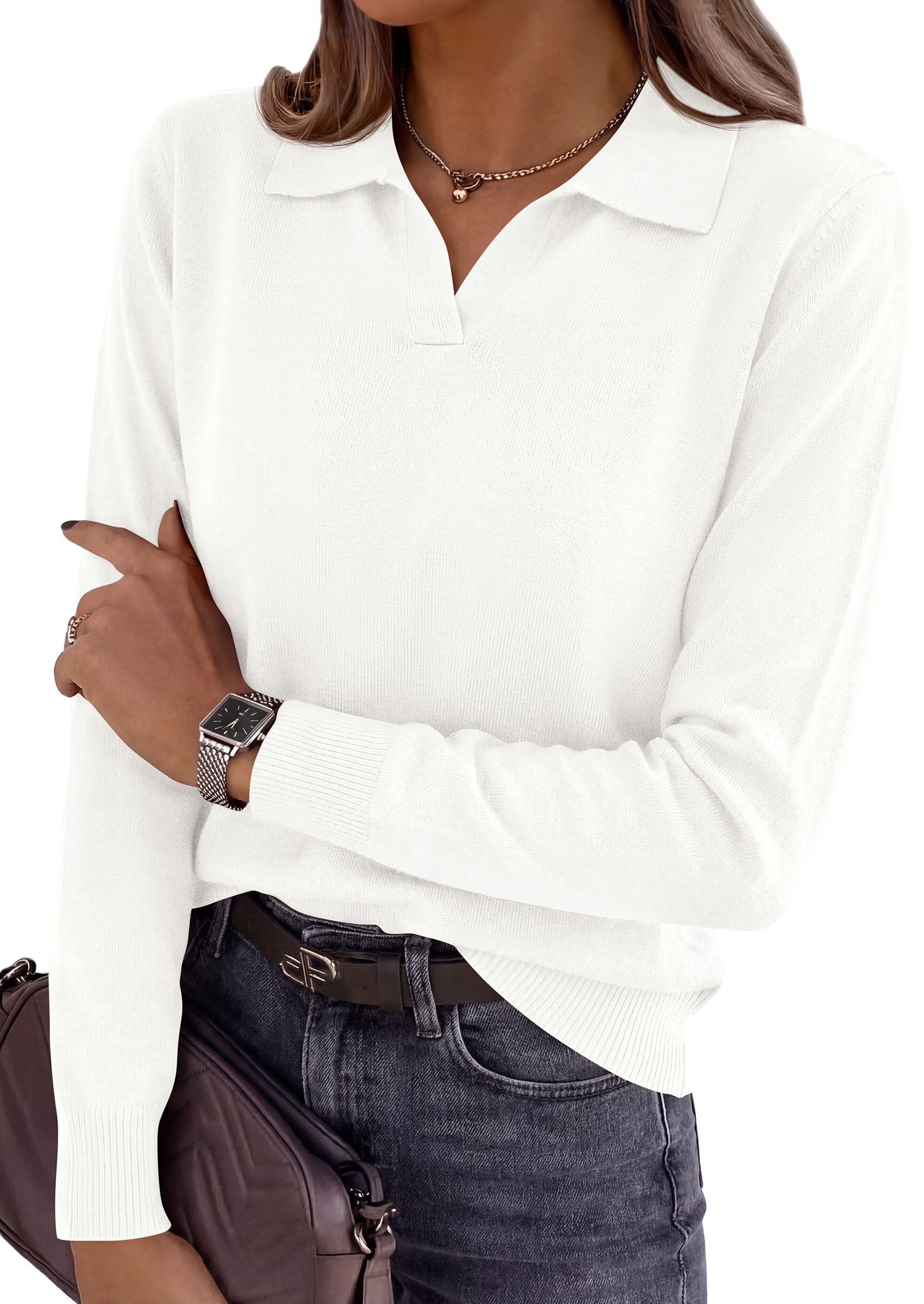 PRETTYGARDEN Womens Long Sleeve Collared Polo Sweater V Neck Knit Ribbed Business Casual Pullover Sweaters 2026 Fall Outfits