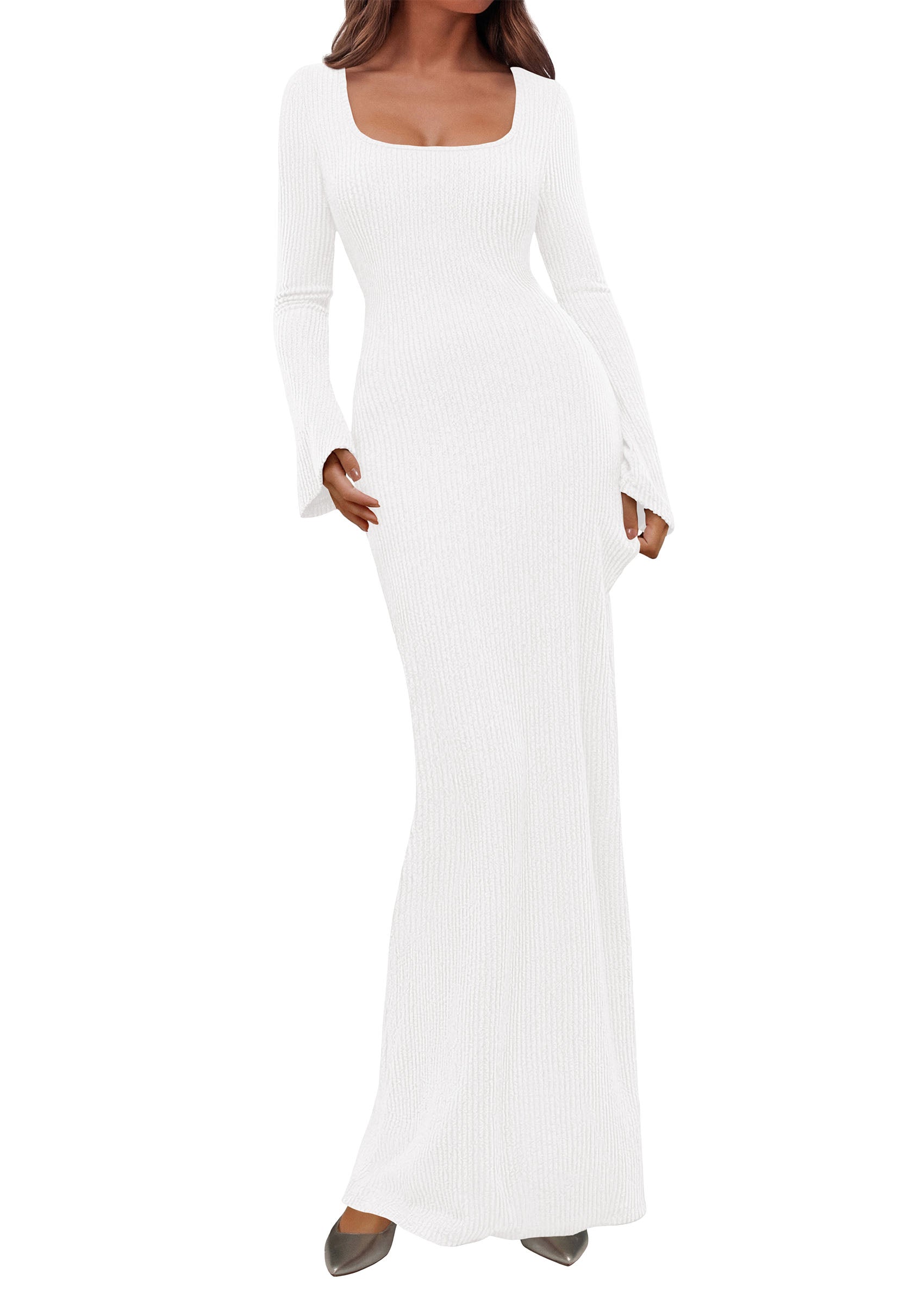 PRETTYGARDEN Women's Fall Long Sleeve Maxi Bodycon Dresses | Soft Stretchy Ribbed Knit, Bell Sleeve Square Neck Mermaid, Elegant Long Dress, Wedding Guest Party, 2026 Winter Clothing