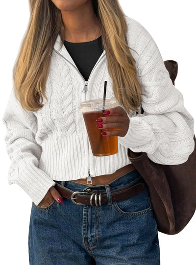 PRETTYGARDEN Women's Cable Knit Cropped Cardigan Sweaters | Oversized Sweater, Long Sleeve Zip Up Jacket, Collared Neck, Ribbed Hem, Cozy Soft Casual Wear, Fall Clothes Winter Outerwear