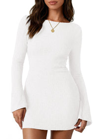 PRETTYGARDEN Womens Fall Bell Long Sleeve Mini Dress 2026 Casual Boat Neck Ribbed Bodycon Short Party Cocktail Dresses