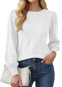 PRETTYGARDEN Women Fall Fashion Hollow Out Holiday Sweaters | Stretchy Cozy Knit, Puff Long Sleeve Pullover Tops, Crewneck Loose Fit, Dressy Casual Blouse, Trendy Winter Going Out Outfits