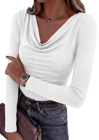 PRETTYGARDEN Women's Long Sleeve Shirts 2026 Fall Outfits Cowl Neck Ruched Slim Fitted Going Out Tops Y2K Fashion Clothing