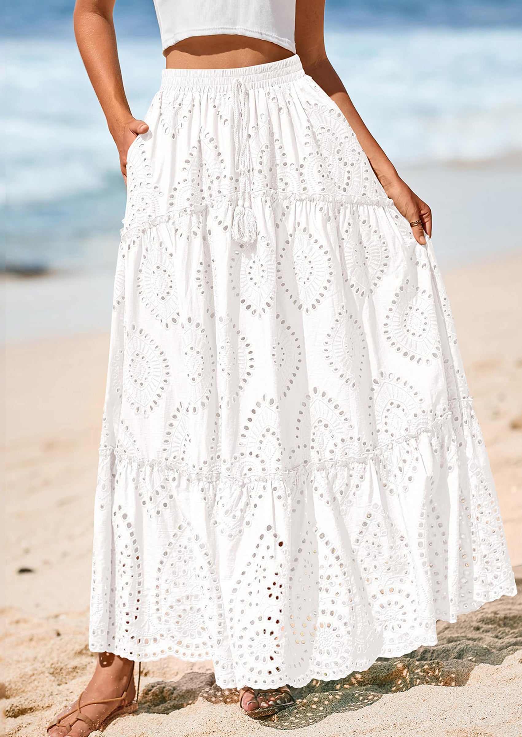 BTFBM Women's Boho Casual Skirts Summer Lace Embroidery Eyelet Elastic Waist Flowy Tiered A-Line Beach Maxi Skirt