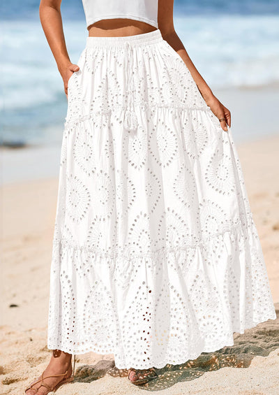 BTFBM Women's Boho Casual Skirts Summer Lace Embroidery Eyelet Elastic Waist Flowy Tiered A-Line Beach Maxi Skirt