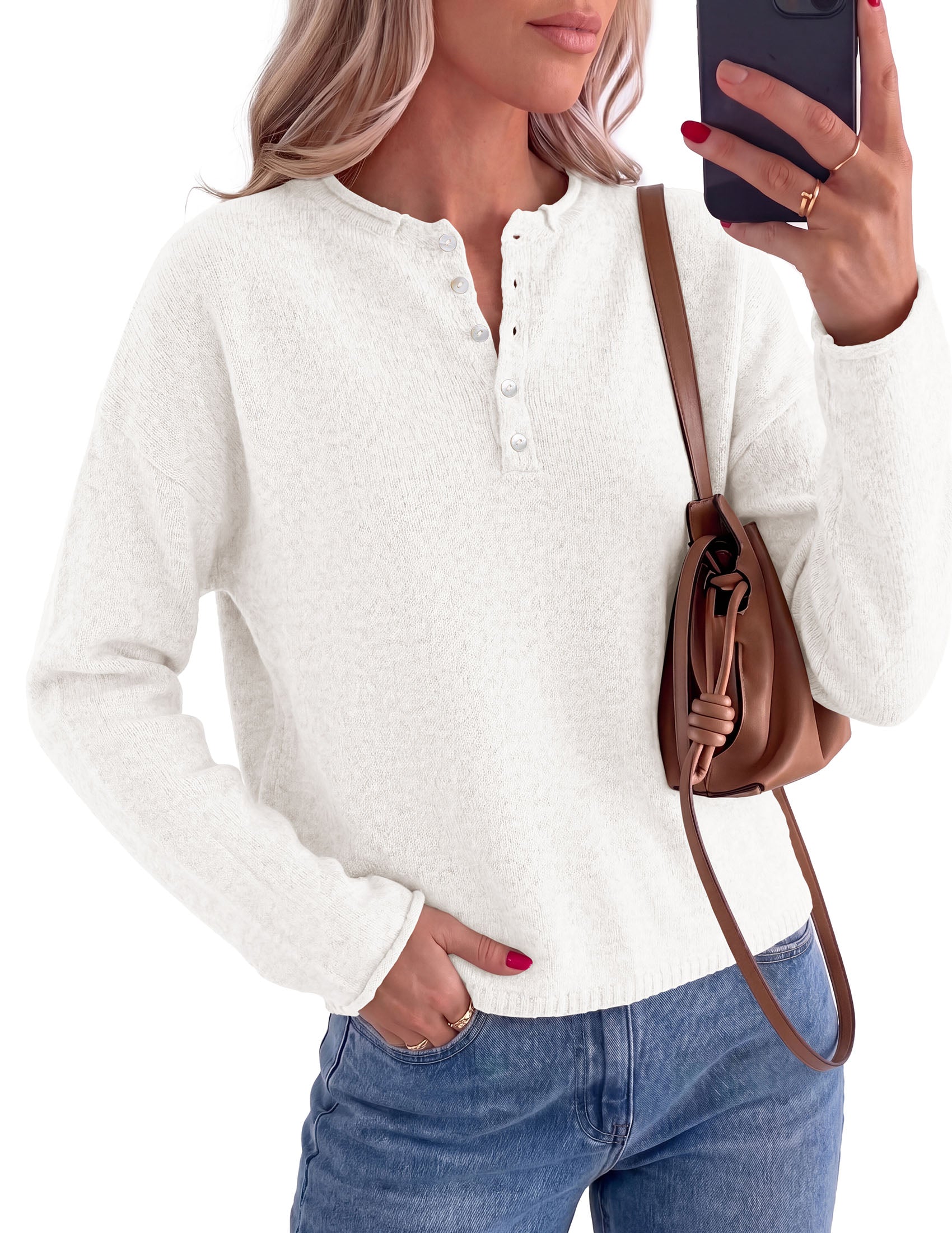 PRETTYGARDEN Women's Fall Button Up Cozy Pullover Sweaters | Stretchy Soft Knit, Drop Shoulder Long Sleeve Tops, Henley Crewneck Rolled Edge, Dressy Casual Blouses, Trendy Winter Clothes