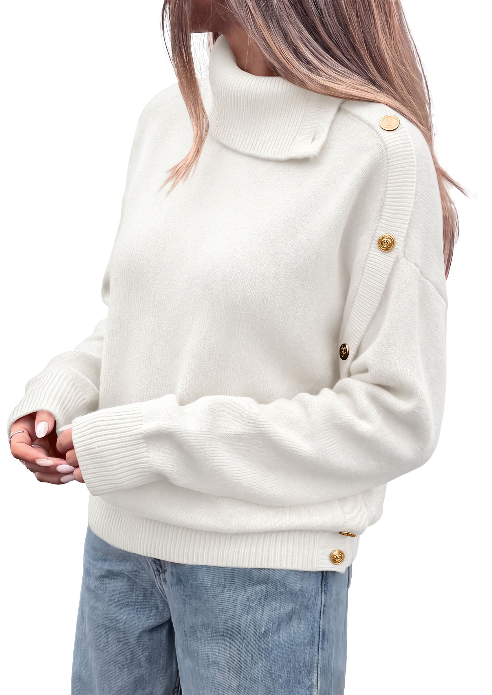 PRETTYGARDEN Womens Turtleneck Sweater Pullover Side Button Fall Clothes  Stretchy Knit,Dropped Shoulder,Ribbed Cuffs,Asymmetrical,Jumper Long Sleeve Tops,Work Office,2026 Winter Casual Outfits