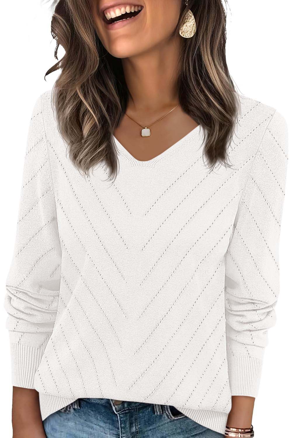PRETTYGARDEN Long Sleeve V Neck Hollow Out Pullover Sweaters for Women | Chunky Loose Soft Ribbed Knit Classic Fall Tops, Business Casual Work Travel Vacation Daily Wear, Fashion Clothing