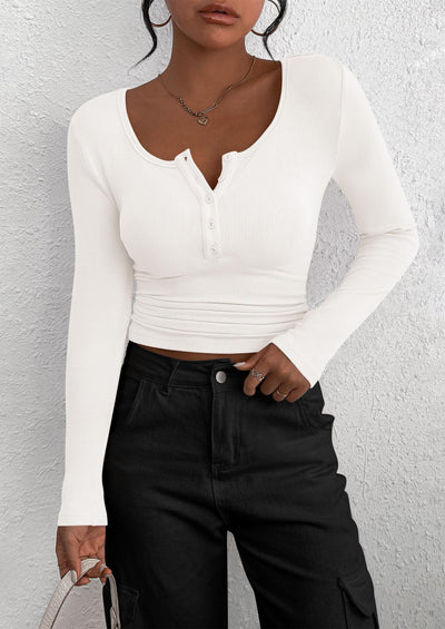 PRETTYGARDEN Women's Spring Fall Long Sleeve Henley T Shirts Button Ribbed Knit Slim Fit Casual Basic Tops Blouse