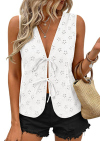 PRETTYGARDEN Women 2026 Summer Tie Front Eyelet Tank Tops Trendy Floral Vest Sleeveless V Neck Dressy Blouse Vacation Outfits PRETTYGARDEN