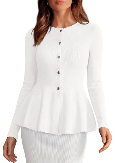 PRETTYGARDEN Women's Fall Lightweight Cardigan Sweaters | Long Sleeve Peplum Tops, Button Up, Slim Fitted, Flared Hem, Soft Ribbed Knit, Business Casual Outfits, Winter Trendy Clothes