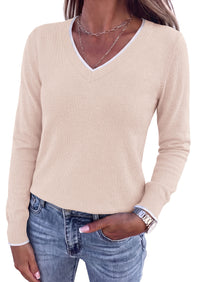 PRETTYGARDEN Women's V Neck Sweater Long Sleeve Knit Tops | Contrast Trim, Cozy Lightweight Pullover, Loose Basic Soft, Business Casual, Holiday Vacation Outfits, Fall Winter Clothes