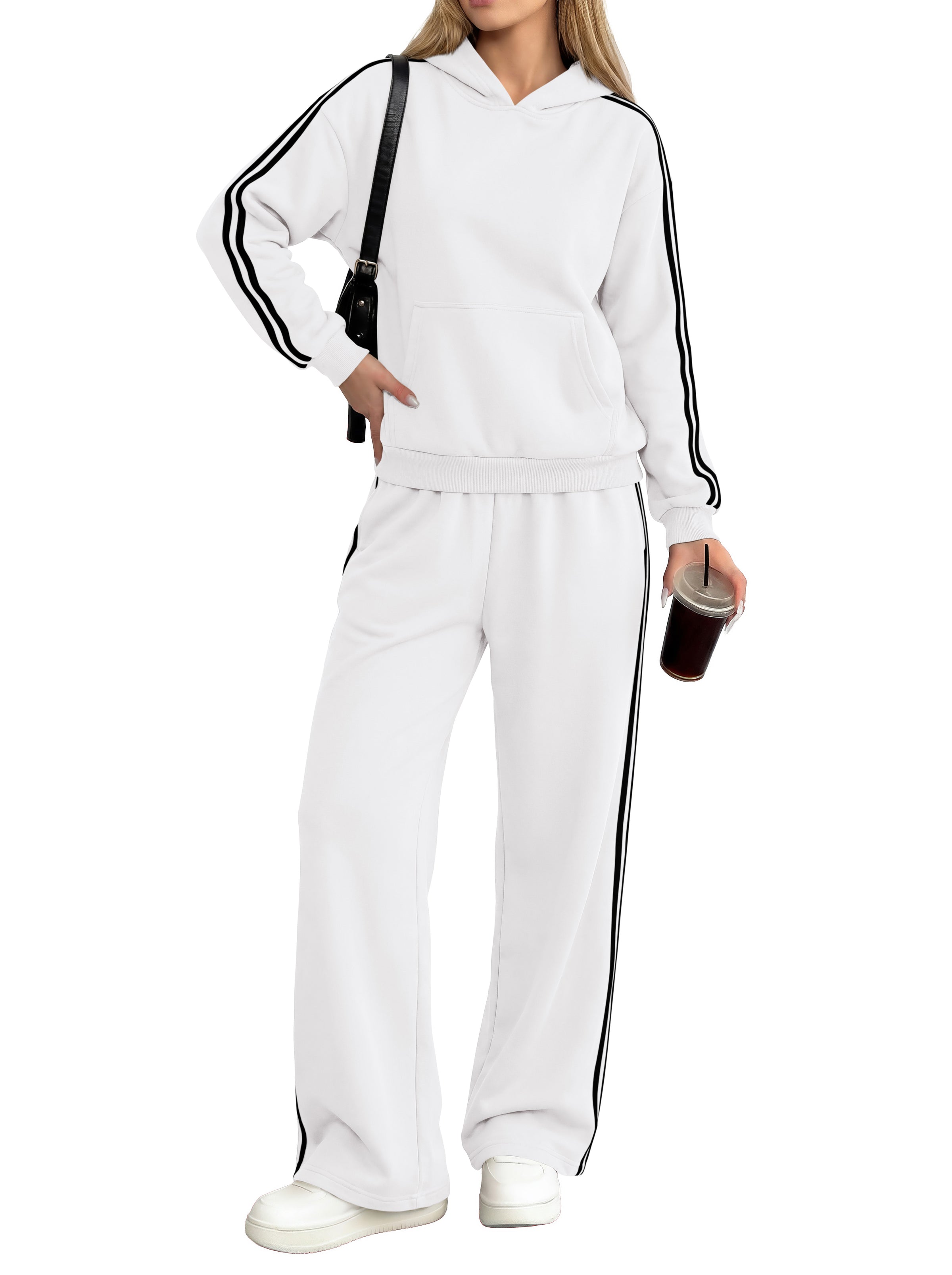 PRETTYGARDEN Women's Sweatsuits Set 2 Piece Striped Hoodie Wide Leg Sweatpants Y2K Retro Casual Tracksuits Travel Fall Outfit