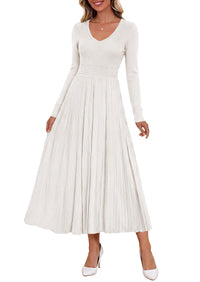 PRETTYGARDEN Women's Fall V Neck Pleated Midi Sweater Dress  Stretchy Ribbed Knit,Long Sleeve,A Line Flowy Skirt,Elegant Long Dresses for Wedding Guest,Work Office,Winter Party Outfits