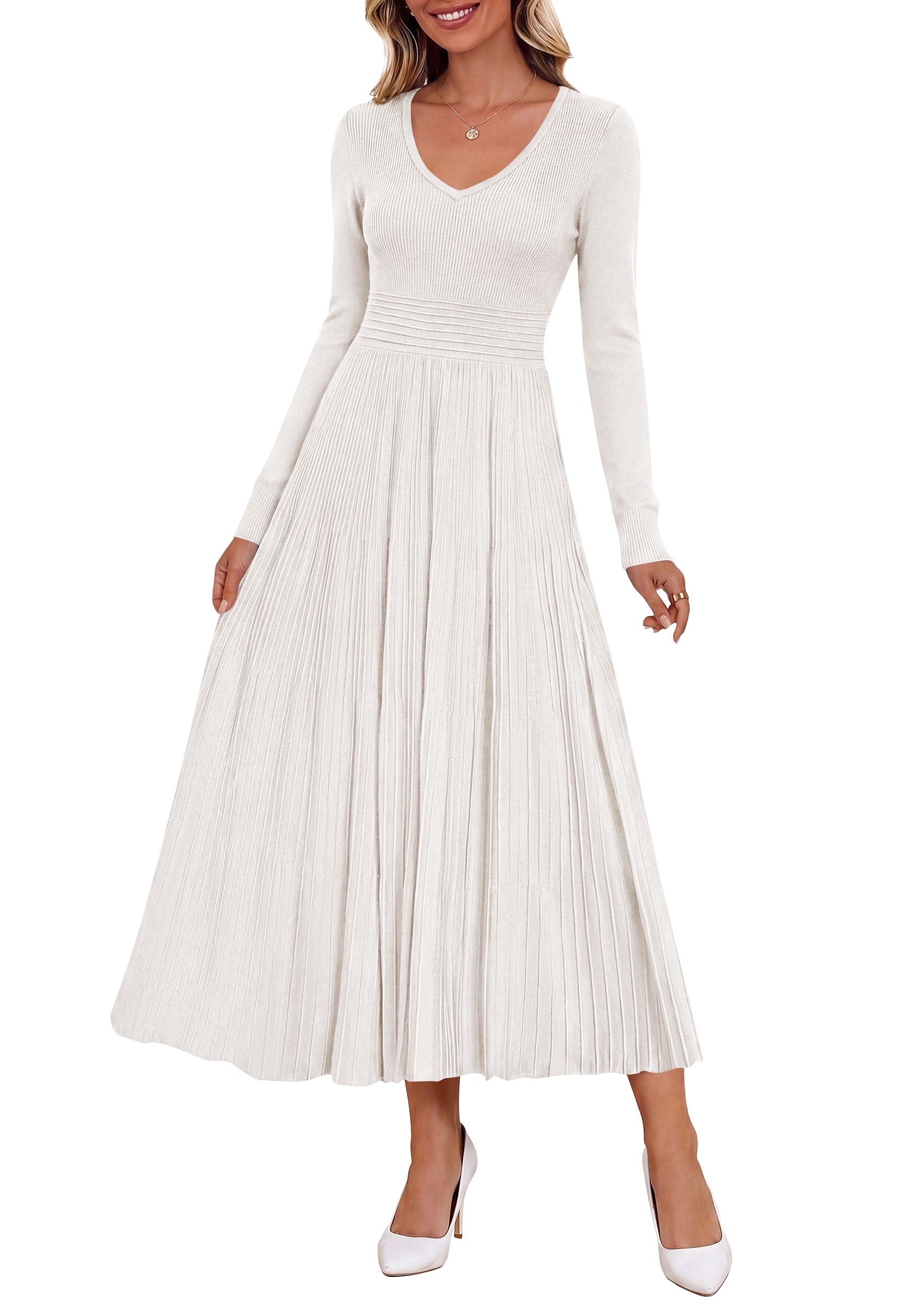 PRETTYGARDEN Women's Fall V Neck Pleated Midi Sweater Dress  Stretchy Ribbed Knit,Long Sleeve,A Line Flowy Skirt,Elegant Long Dresses for Wedding Guest,Work Office,Winter Party Outfits