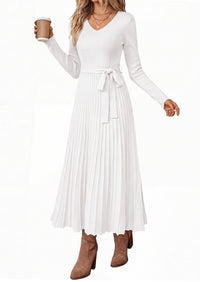 PRETTYGARDEN Womens Fall Maxi Long Sleeve Sweater Dress  Soft Stretchy Knit, V Neck A Line Dresses with Bow, Flowy Pleated Hem, Cocktail Party Outfits, Trendy Winter Clothes