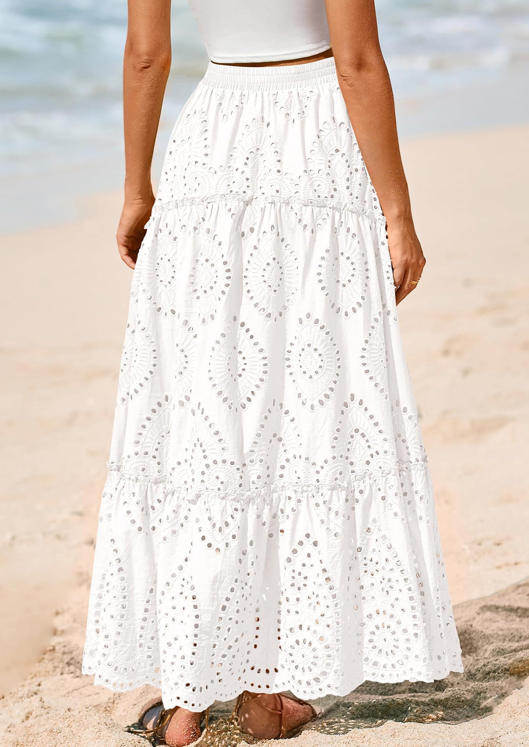 BTFBM Women's Boho Casual Skirts Summer Lace Embroidery Eyelet Elastic Waist Flowy Tiered A-Line Beach Maxi Skirt
