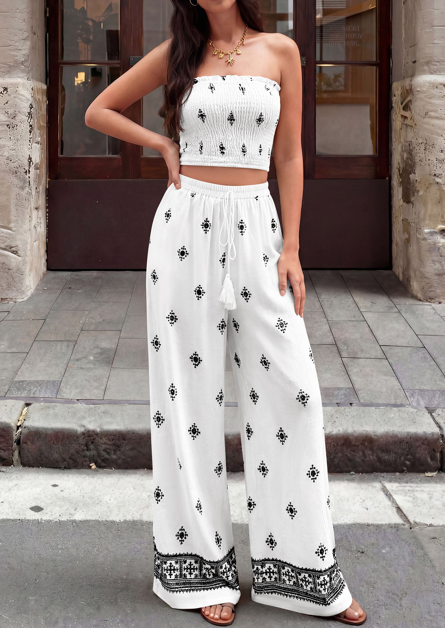 PRETTYGARDEN 2 Piece Sets for women Summer 2026 Travel Outfits Print Tube Tops Wide Leg Pants Beach Vacation Clothes