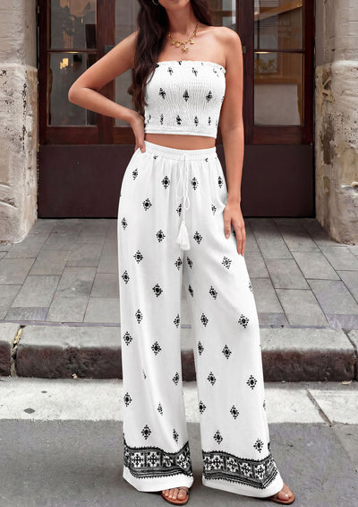 PRETTYGARDEN 2 Piece Sets for women Summer 2026 Travel Outfits Print Tube Tops Wide Leg Pants Beach Vacation Clothes