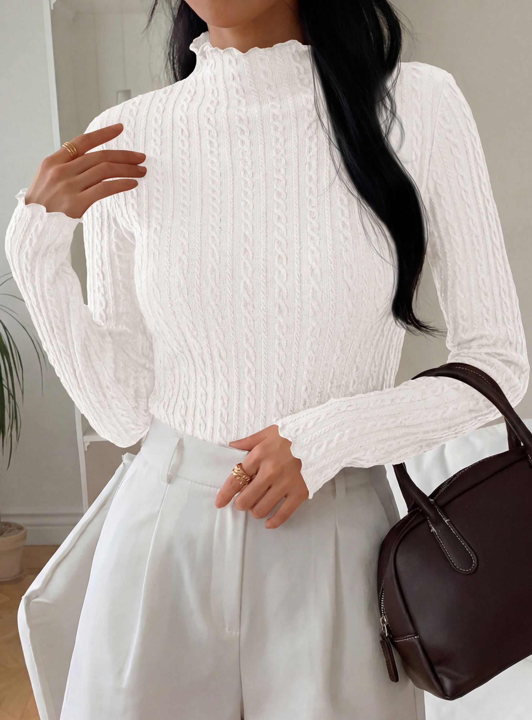 PRETTYGARDEN Women's Fall Long Sleeve Fitted Shirts | Comfy Stretchy Cable Knit, Trendy Lettuce Trim Mock Neck, Casual Basic Tees, Cute Layering Tops, 2026 Fashion Clothing
