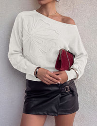 PRETTYGARDEN Women's Fall Off The Shoulder Sweater Tops   | 3D Flower Off Shoulder Sweater, Cinched Waist, Long Sleeve Cropped Sweaters, Knit Pullover Tops, Trendy Date Night Outfit