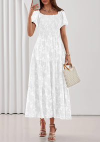 PRETTYGARDEN Women's 2026 Summer Boho Maxi Dresses Floral Short Sleeve Square Neck Smocked Flowy Long Dress Vacation Outfits PRETTYGARDEN