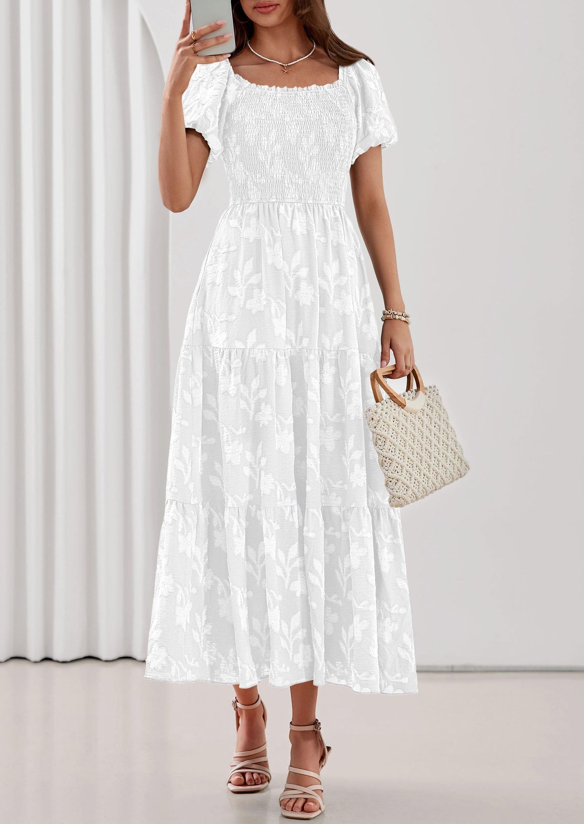 PRETTYGARDEN Women's 2026 Summer Boho Maxi Dresses Floral Short Sleeve Square Neck Smocked Flowy Long Dress Vacation Outfits PRETTYGARDEN