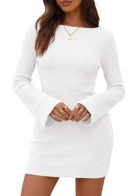 PRETTYGARDEN Womens Fall Bell Long Sleeve Mini Dress 2026 Casual Boat Neck Ribbed Bodycon Short Party Cocktail Dresses