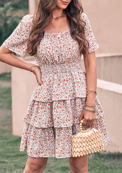 PRETTYGARDEN Women Floral Square Neck Short Sleeve Tiered Ruffle Boho Mini Dresses