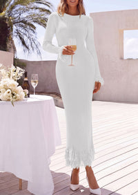 PRETTYGARDEN Womens Long Sleeve Bodycon Sweater Dress  Stretchy Ribbed Knit,Fringe Trim Cuffs & Hem,Slim Fit Crewneck,Date Night Outfits,Fall Winter Wedding Guest Cocktail Dresses