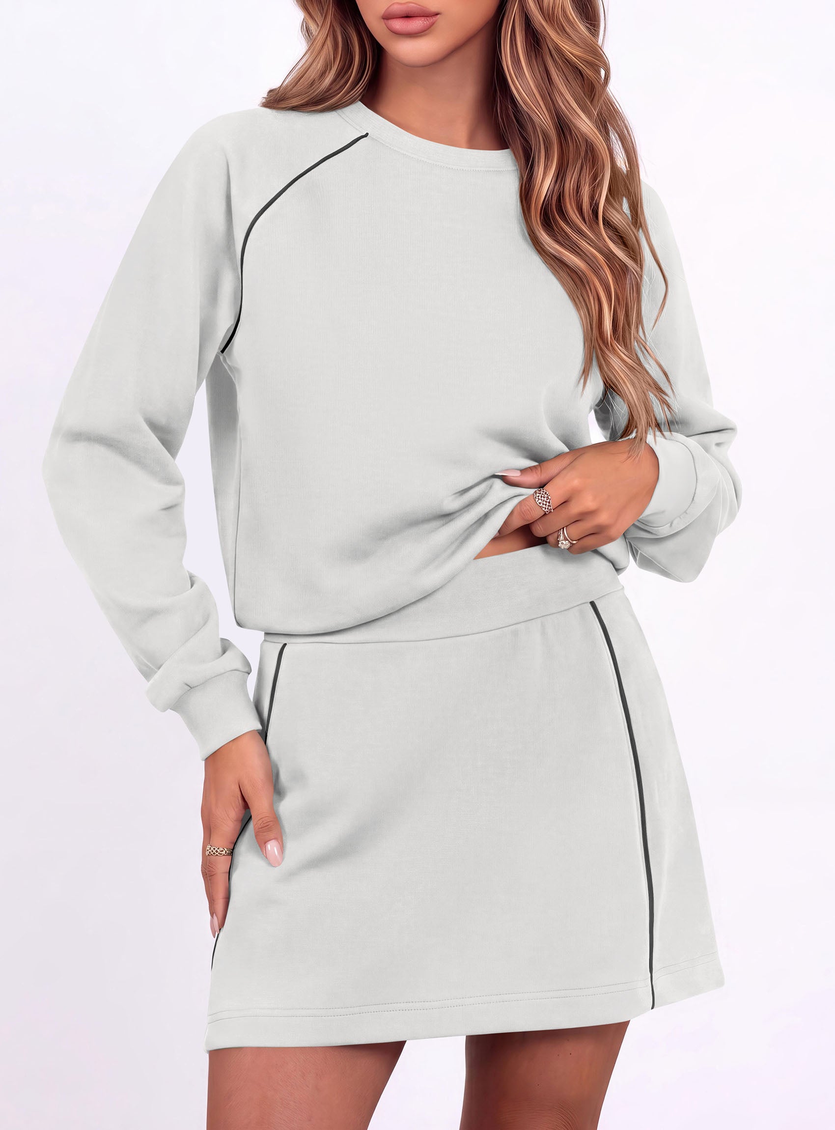 PRETTYGARDEN Women's Two Piece Outfits Matching Skirt Sets | Color Block Long Sleeve Top Sweatshirt, Mini Short Skirts, Elastic Waist Skorts Pocket, 2pc Workout Set, Fall Fashion Clothes